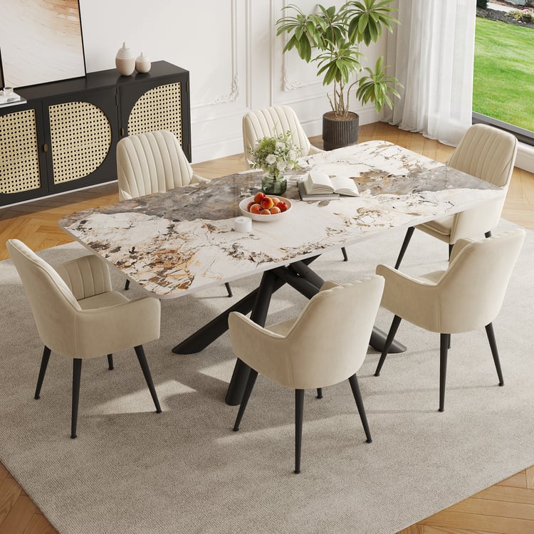 Casa Vital Tavolo Da Pranzo Calendula 18 – Piano In Pietra Sinterizzata Bianco E Oro, Gambe Nere, 180x90 Cm - 2