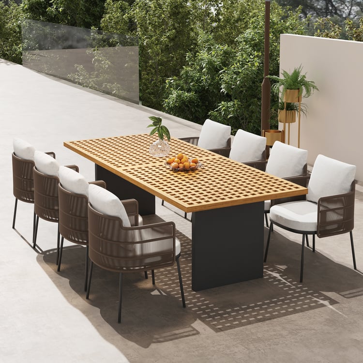 9-Piece Outdoor Teak & Resin Rattan Rectangular Dining Set with 8 ...