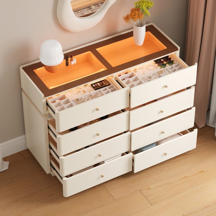 120cm Glasplatte begehbarer Kleiderschrank Insel 8-Schubladen Kommode mit Licht｜Homary DE