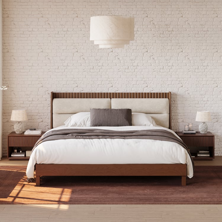 Modern Solid Wood King Upholstered Bed & 2 Fluted Nightstand Set with with with Charging Station