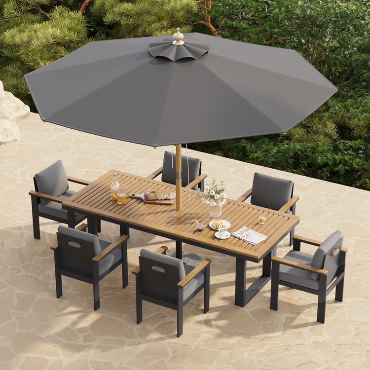 8 Pieces Rectangle Wood & Aluminum Outdoor Patio Dining Set with Central Pillar Umbrella