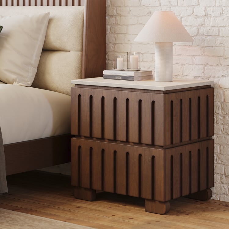 Ash Wood 2-Drawer Nightstand with Faux Travertine Top