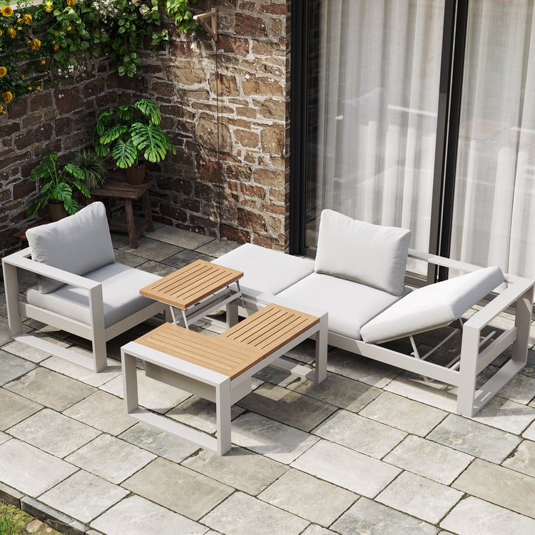 Set di divani modulari da esterno in 4 pezzi in alluminio e acacia per 4 persone in grigio chiaro