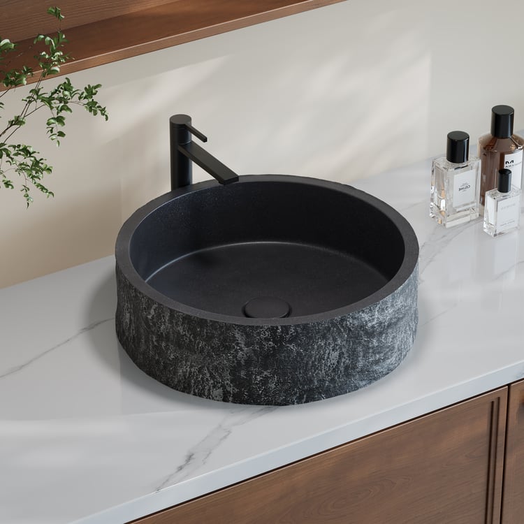 16'' Black Concrete Vessel Sink Modern Stone Textured Round Bathroom Sink