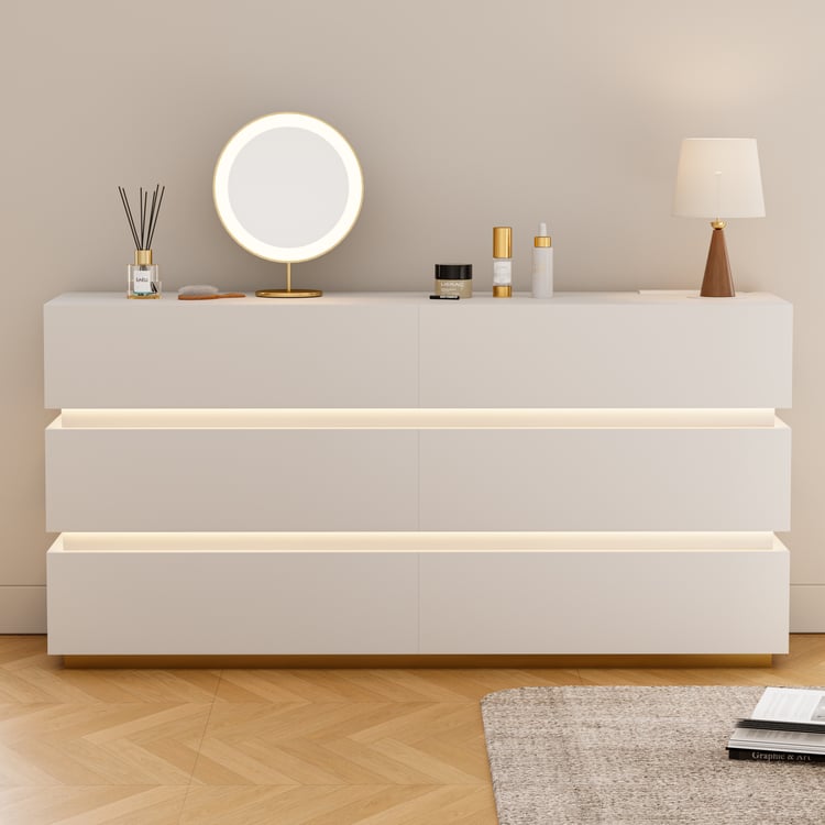 Commode LED blanche moderne à 6 tiroirs Lumio, 1500 mm, armoire de rangement pour chambre à coucher