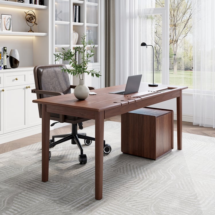 62.9" Modern Style Walnut Ash Wood Home Office Desk with 6 Drawers
