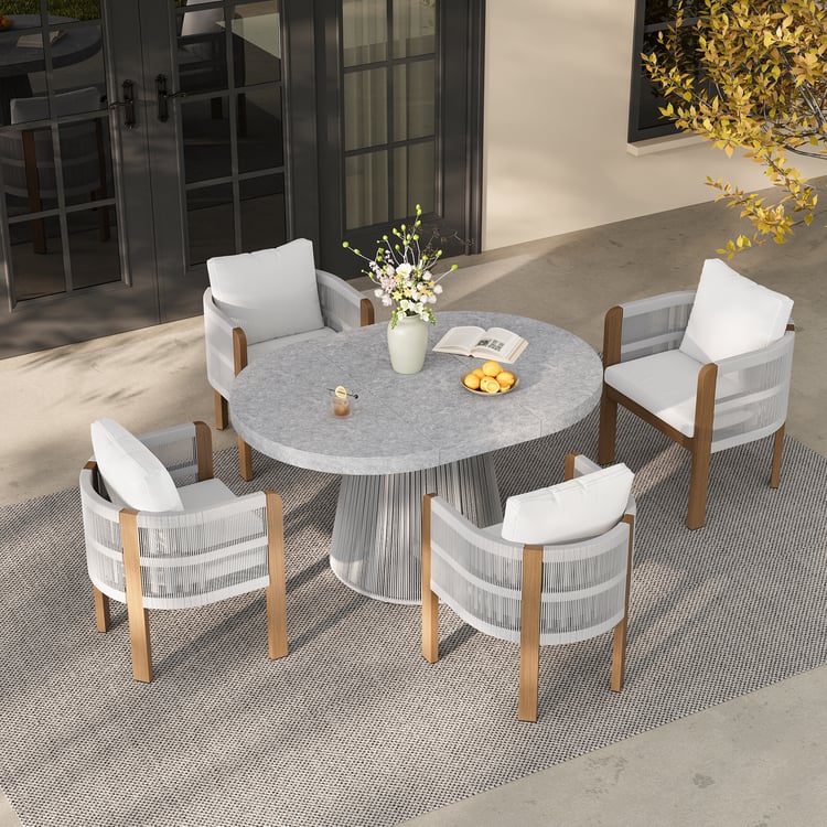 5 Pieces Extendable Outdoor Dining Set & Round Dining Table with 4 Woven Armchairs