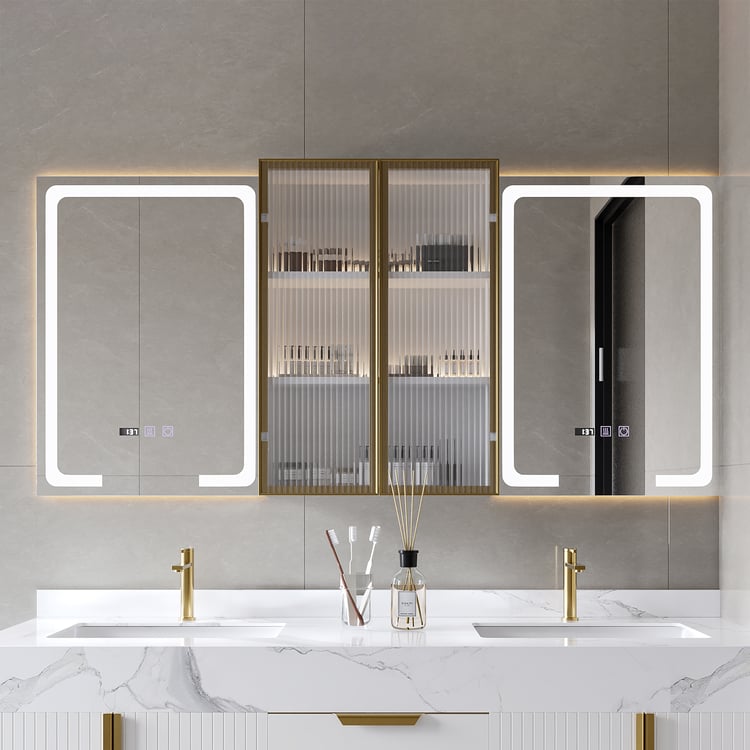 59" LED Lighted Medicine Cabinet Wooden Wall-mounted Bathroom Mirror with Doors