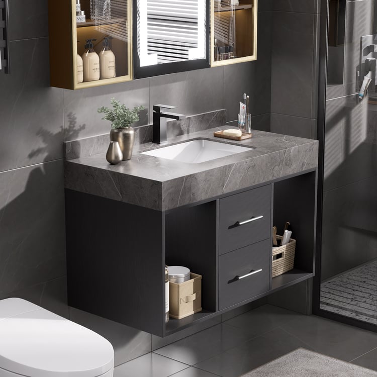 Bathroom Vanity Set 35.4" Modern Floating Sintered Stone Bathroom Vanity Black with Sink