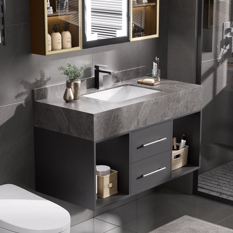 Bathroom Vanity Set 39.4" Modern Floating Sintered Stone Bathroom Vanity Black with Sink