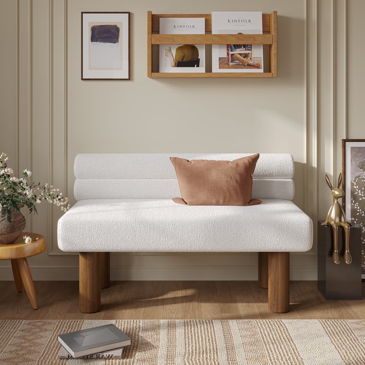 Mid Century Modern Boucle Solid Wood Entryway Bench in White｜Homary