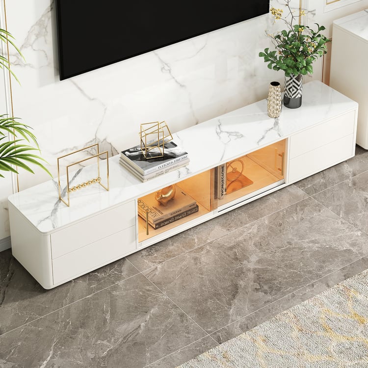 85" White Wood Rectangle TV Stand Sintered Stone Top 4-Drawer Glass Doors Cabinet