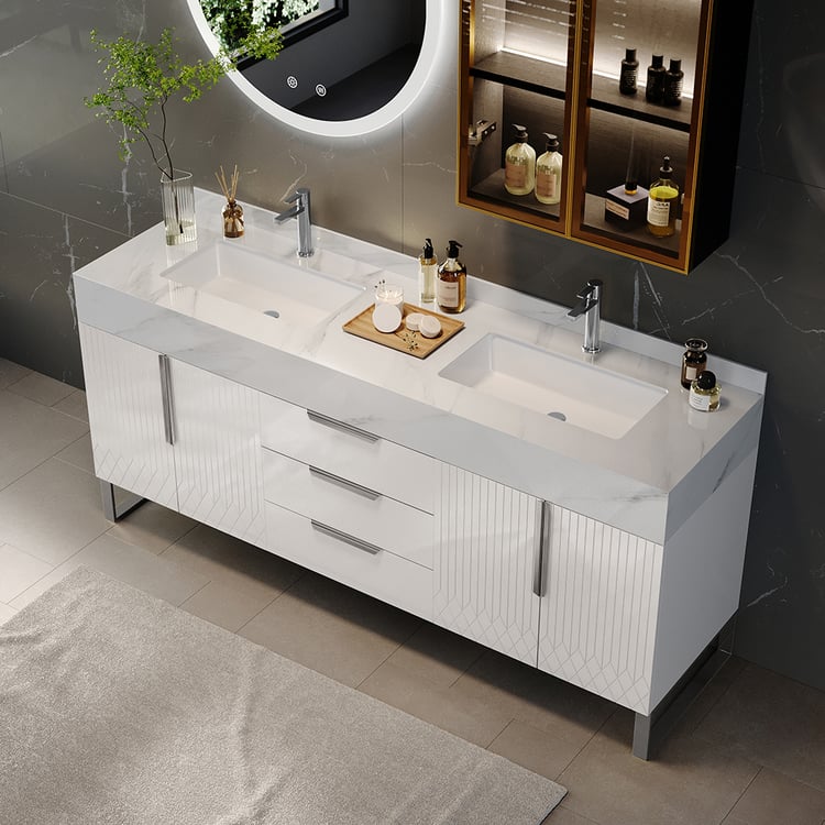 Aro 1500mm White Double Basin Freestanding Bathroom Vanity Drawers Faux Marble Top