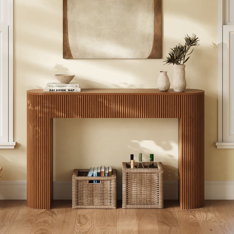 Console ovale en noyer avec plateau en bois ondulé