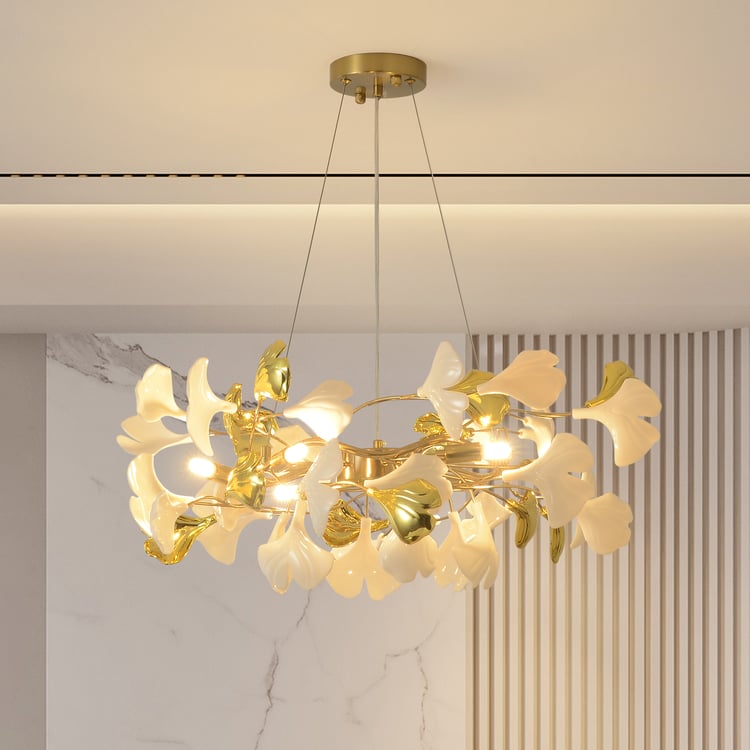 Martly 6-Light Art Deco Ginkgo Leaves Chandelier White & Gold Metal Ceiling Light