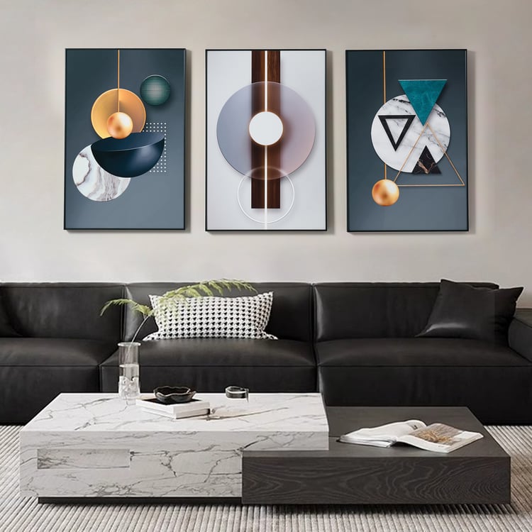 Ensemble de décoration murale de luxe 3 pièces avec cadre noir, peintures abstraites dans le salon