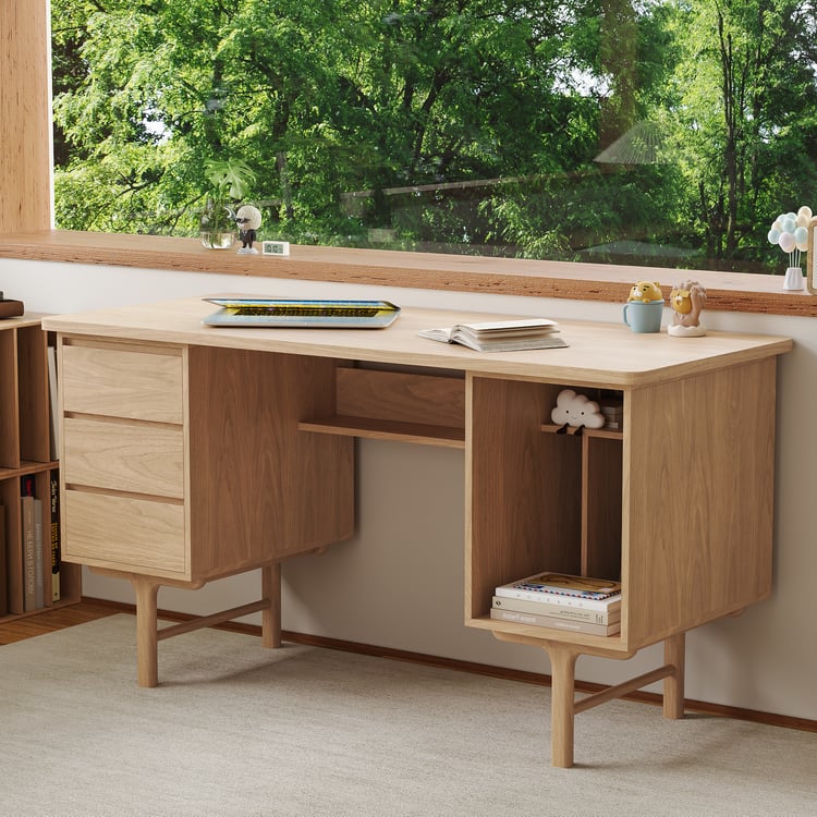 55.1" Mid-century Style Natural Wood Home Office Desk with 3 Drawers