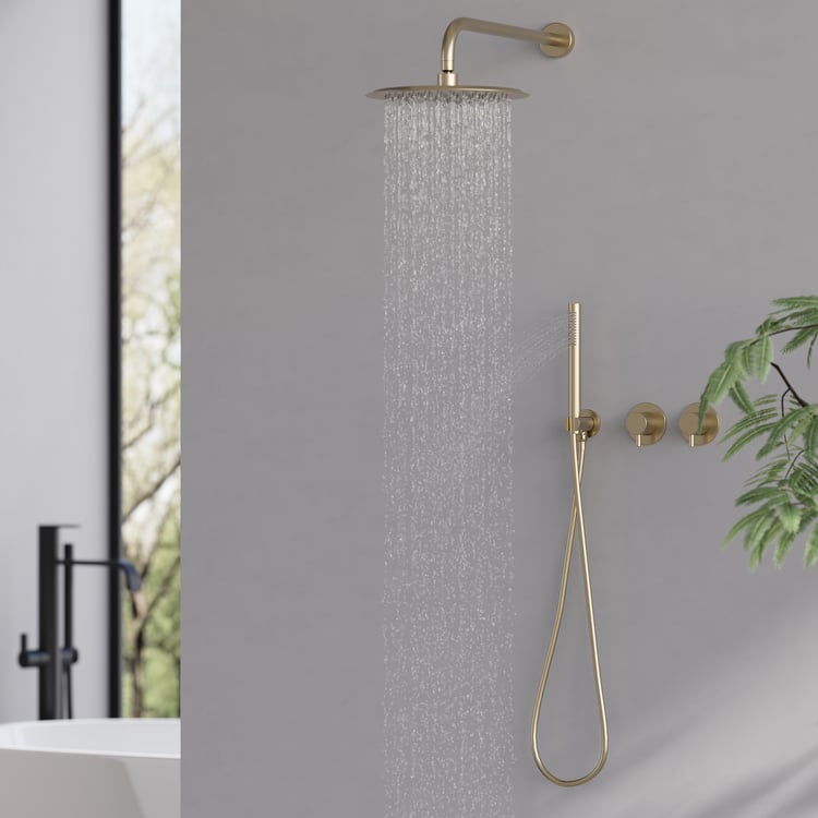 10" Wall-Mounted Shower System Round Brushed Gold 2-Function with Hand Shower