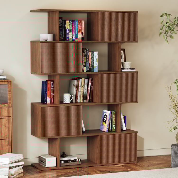 72.8" Walnut Sliding Door Etagere Bookshelf 5-Shelf Tall Book Shelf Rich Storage