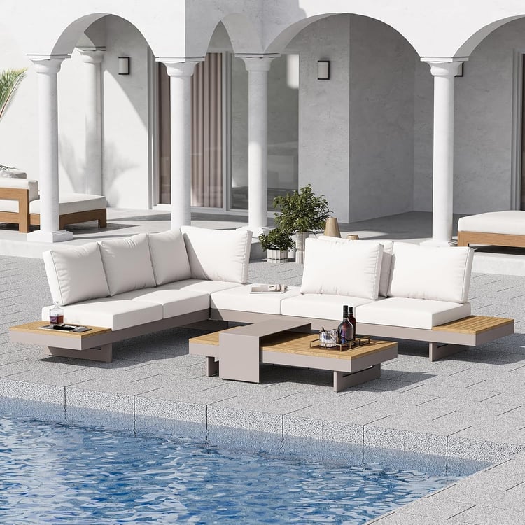 4-Pieces Modular Aluminum & Teak Outdoor Sofa Set for 6 Person in Light Gray