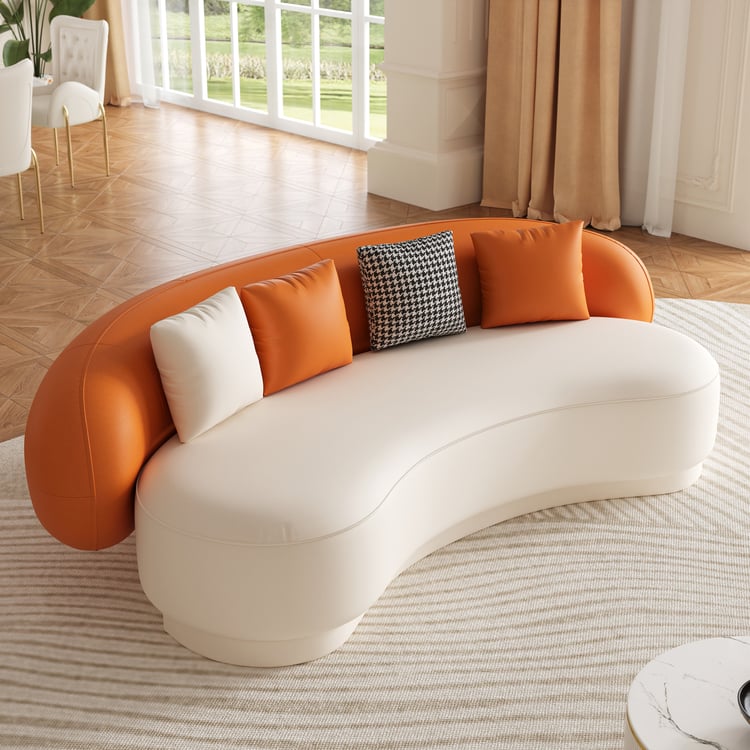 Suncurve Modern Leather Upholstered Sofa 3-Seater Sofa 82.7" Orange&White Sofa
