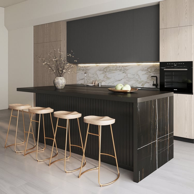 Modern Black Kitchen Island in Marble Look with Storage, 183 cm