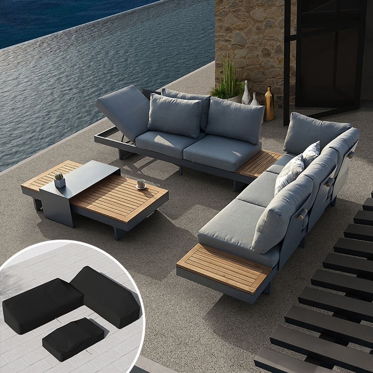 4-Pieces Modular Aluminum & Teak Outdoor Sofa Set with Covers for 6 Person in Gray