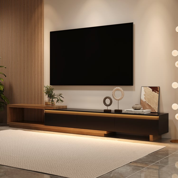 Meuble TV extensible Quoint avec 3 tiroirs (1790 mm à 250 mm) et lampe