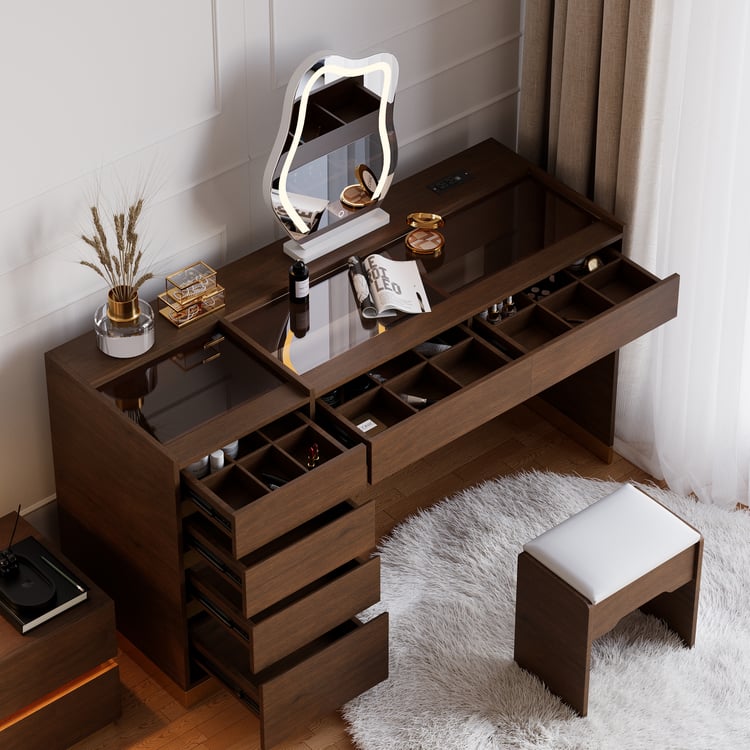 Ensemble de maquillage moderne avec miroir éclairé, station de recharge et rangement pour bijoux