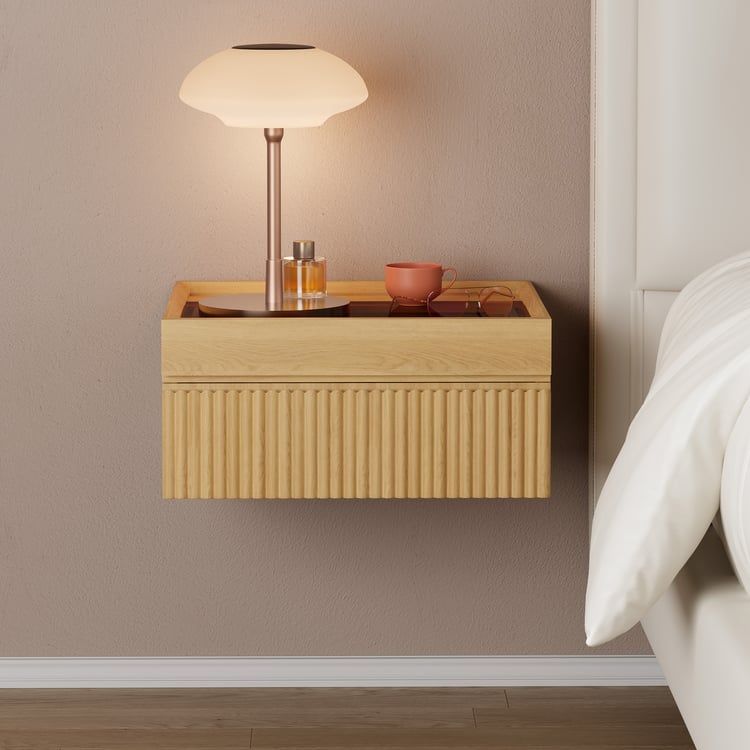 Modern Floating Natural Nightstand with Glass Top & Jewelry Storage Bedside Table