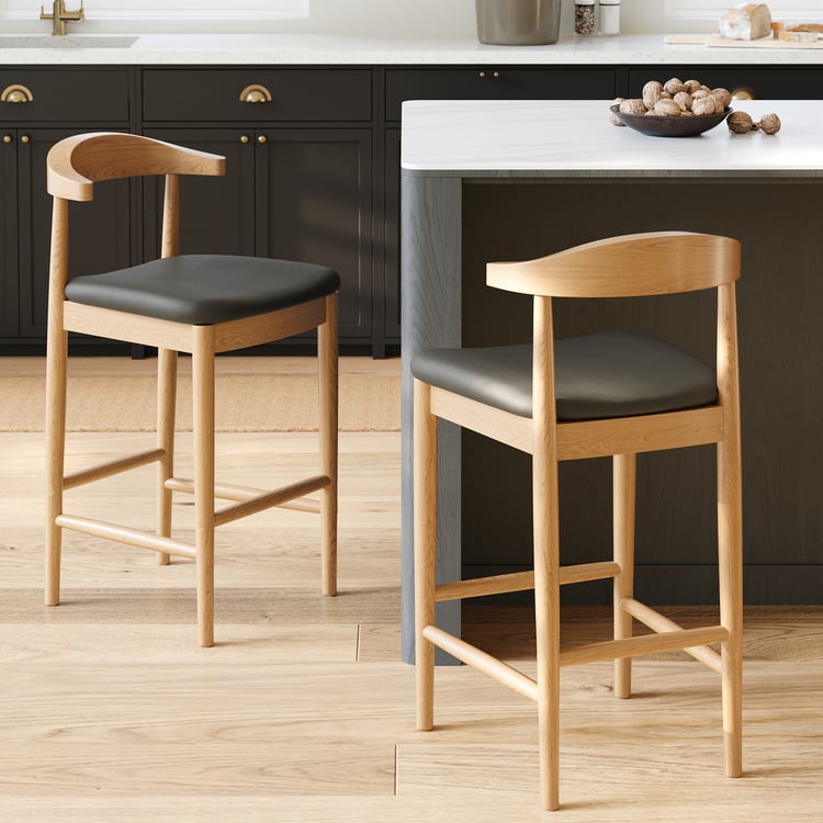 Acurv Modern Walnut Solid Wood Counter Stool with Black Faux Leather Upholstery