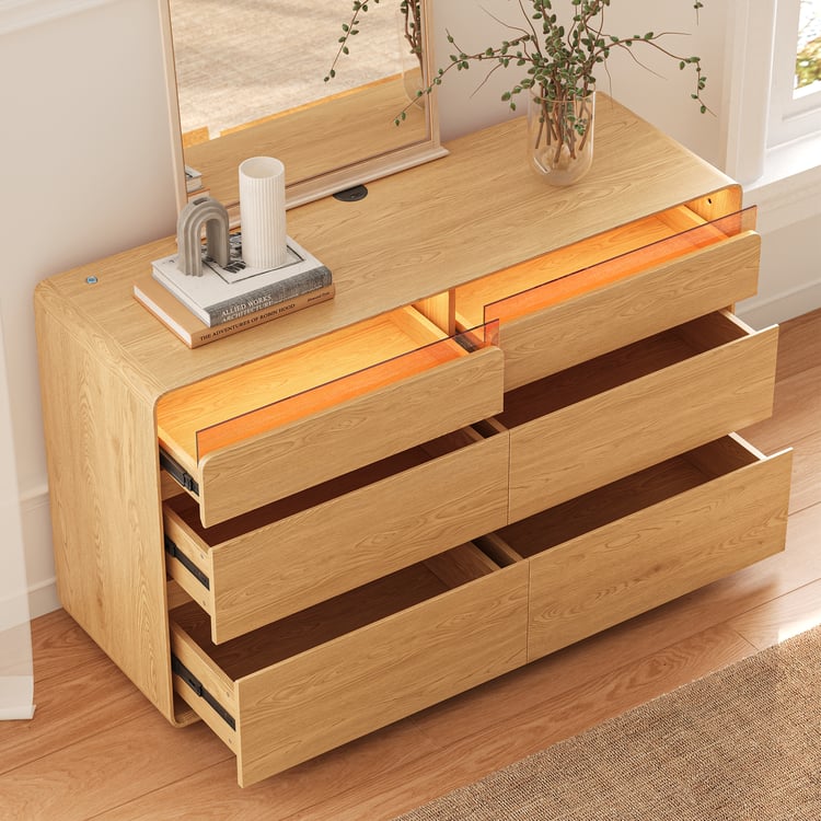 Meloa 1200mm Wooden 6-Drawer LED Dresser with Charging Station