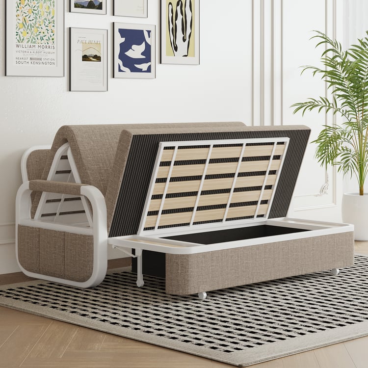 2-seater sofa bed in linen fabric with chest - khaki