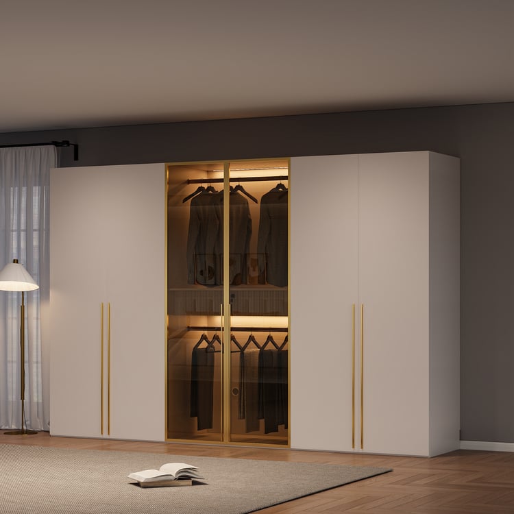Moderner Kleiderschrank aus Melamin und Glas in Weiß und Braun mit sechs Türen. Die beleuchteten Glastüren und praktischen Schiebetüren bieten reichlich Stauraum und ein elegantes Design.｜Homary DE