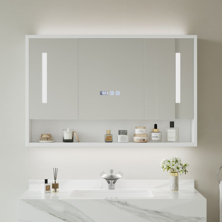 39" White LED Medicine Cabinet with Adjustable Lighting, Demister & Digital Clock