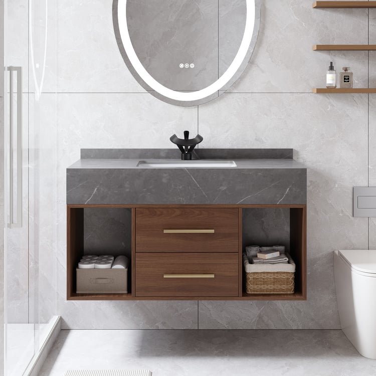  35.4" Floating Bathroom Vanity with Sintered Stone Vessel Sink Walnut