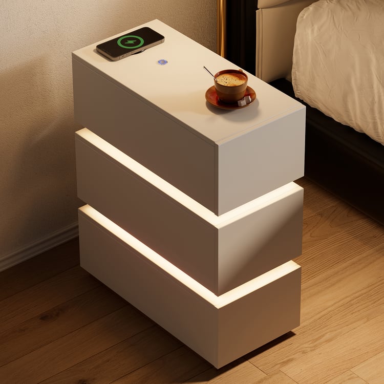 Table de chevet LED étroite Lumio avec 3 tiroirs, station de recharge et lampe - blanche