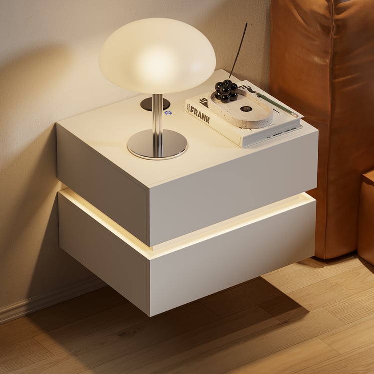 Lumio floating LED bedside table with 2 drawers, charging station and light - white