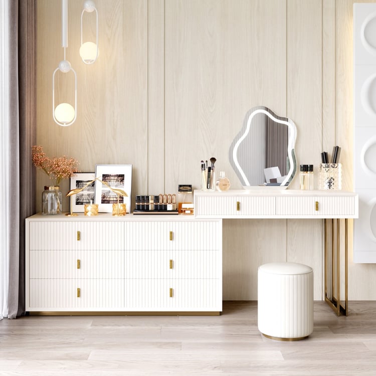 Modern White Makeup Vanity Set with 6-Drawer Cabinet Dressing Table with Stool & Mirror