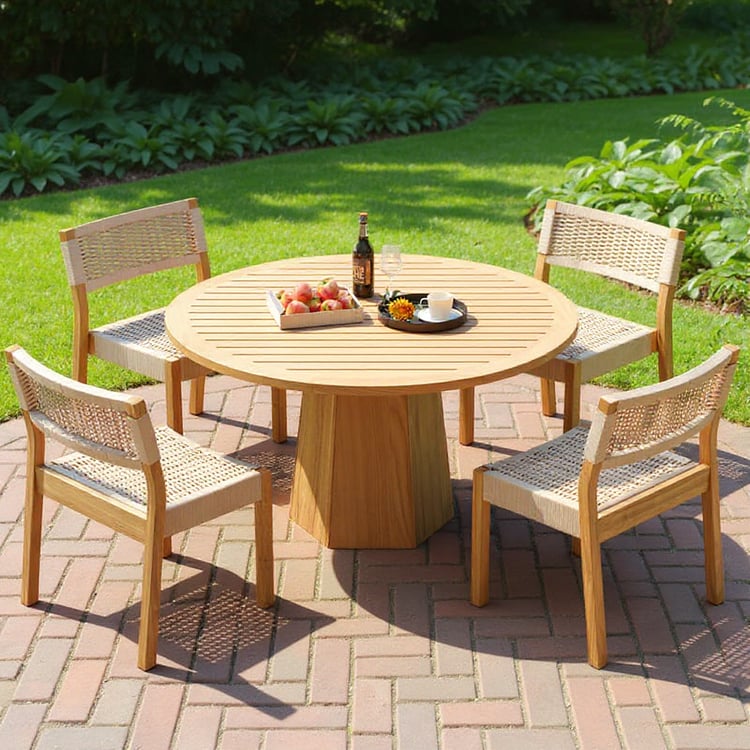 5-pieces Outdoor Natural Teak Round Table & Rope-woven Chair Set