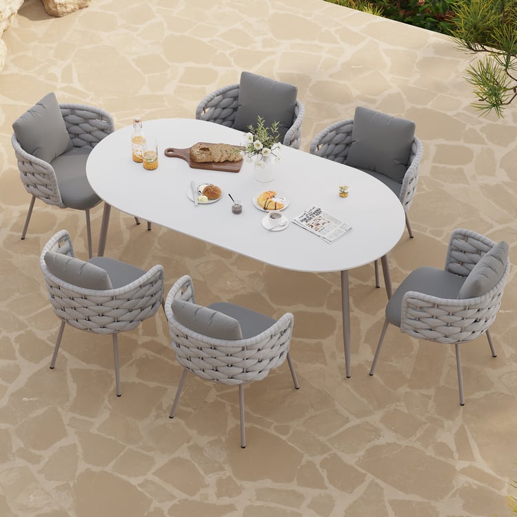 7 Pieces 70.9'' Outdoor Sintered Stone Top Dining Table Set with Rope Woven Armchairs