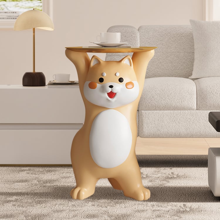 Modern Dog Side Table Resin Figurine with Gold Tray