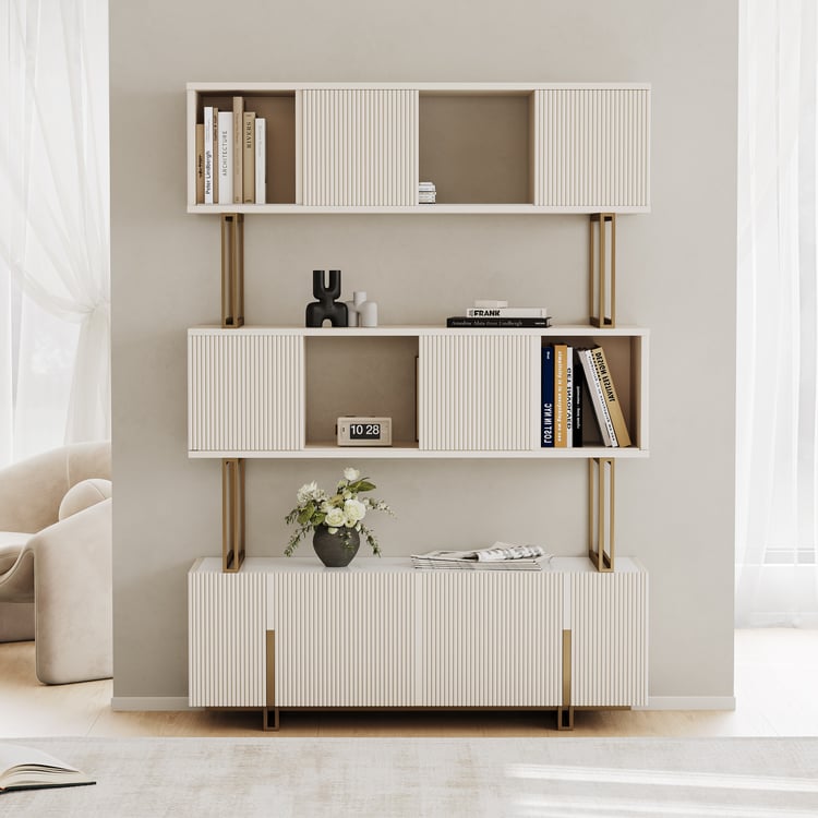 Off-white Sliding Door Etagere Bookshelf 5-Shelf Tall Book Shelf Rich Storage-170cm