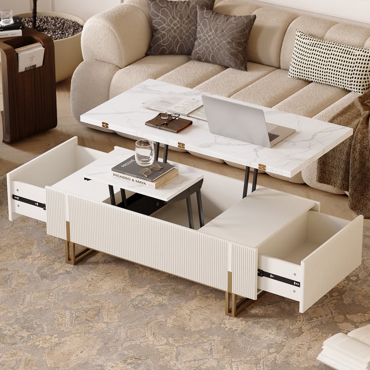 Table basse à plateau relevable cannelée Grovyn avec 2 tiroirs, 120 cm