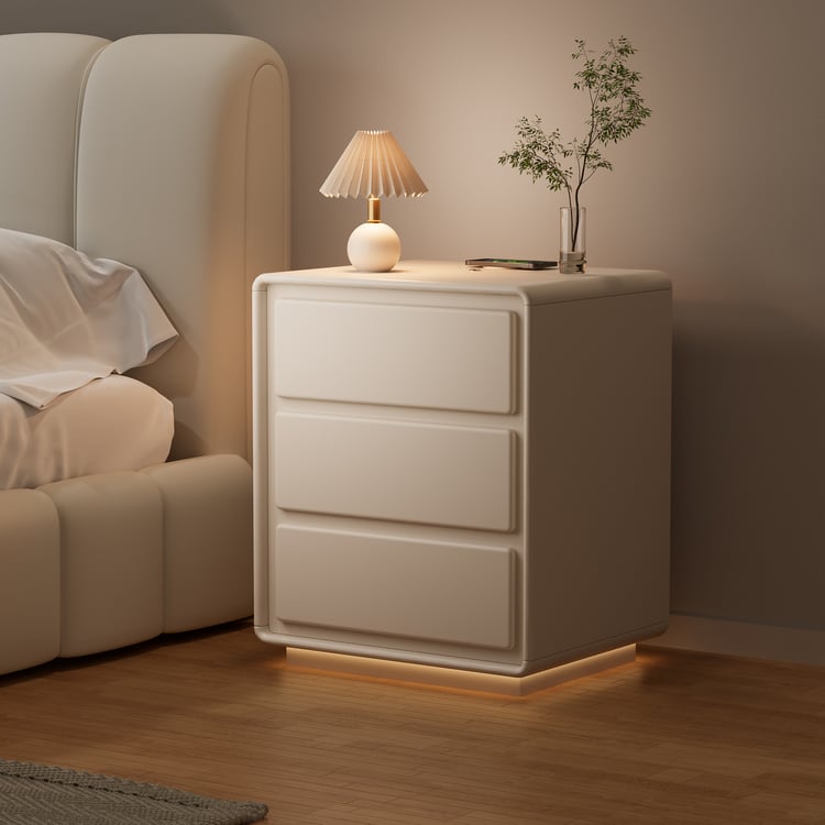 Table de chevet moderne en MDF blanc cassé à 3 tiroirs avec USB et éclairage