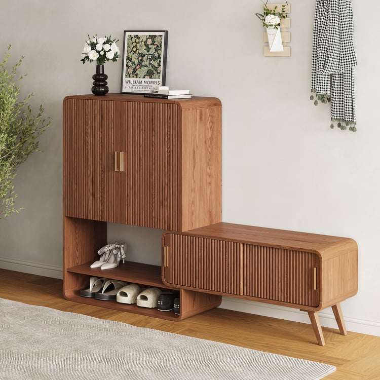 shoe dresser Storage Cabinet with 5 Storage Drawers, 12 Open Shelves and LED Light Crafted from premium E0 MDF with luxury golden metal handles 5-tier Wood Entryway Shoe Organizer