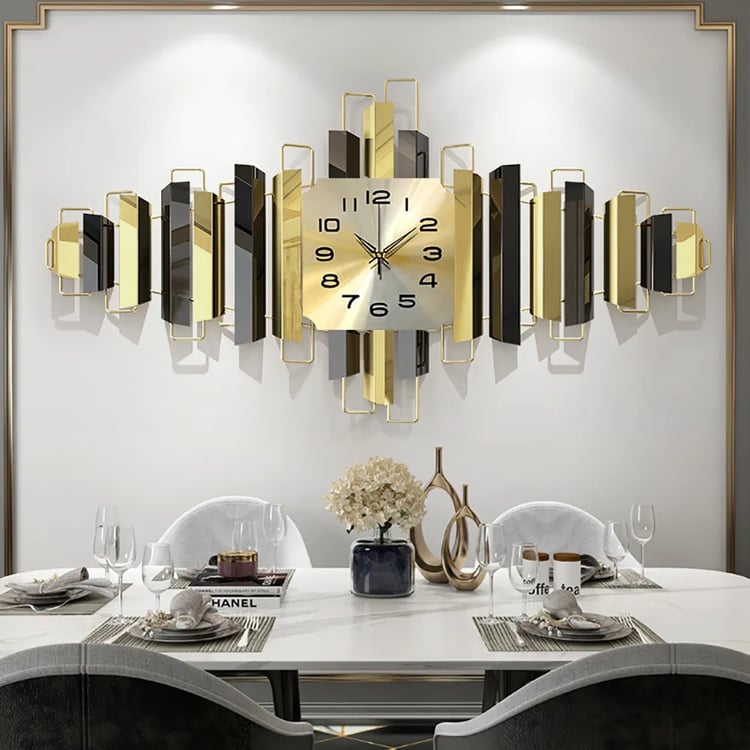 37.4" x 17.7" 3D Modern Metal Wall Clock Home Wall Decor in Black & Gold For Living Room