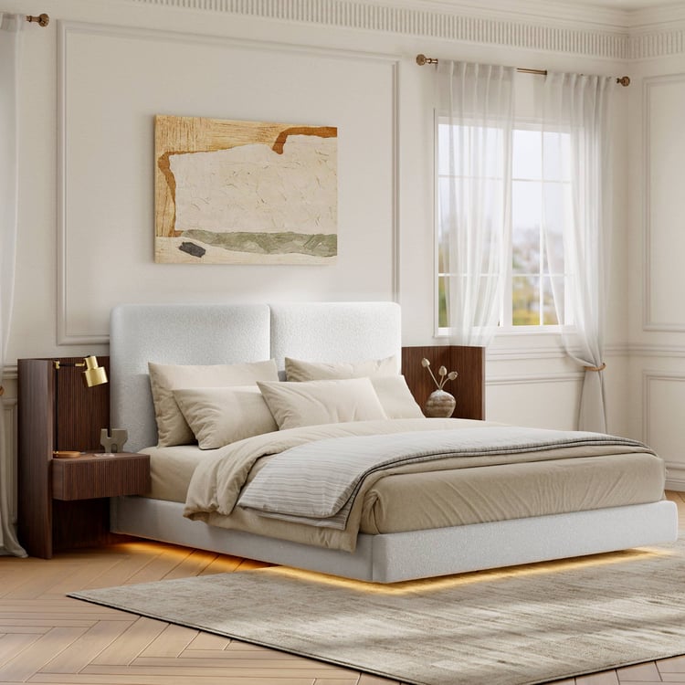 Lit en bois massif 180 x 200 cm avec tête de lit allongée en boucle et ensemble de table de chevet intelligente flottante