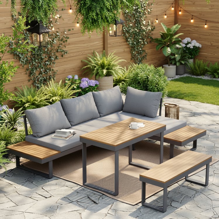 Ensemble de canapé d'extérieur 4 pièces en bois d'acacia avec coussin et table d'appoint