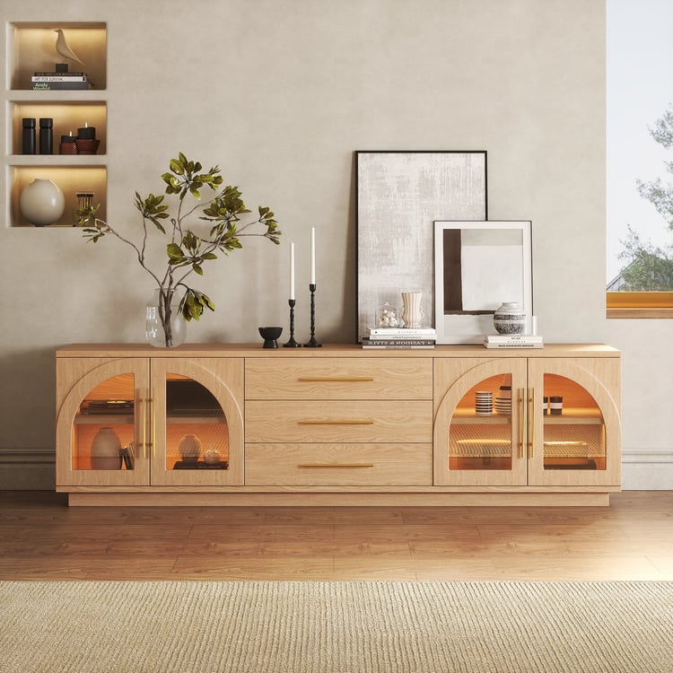 Meuble TV Arune à portes cintrées en verre de 1830 mm avec rangement et LED